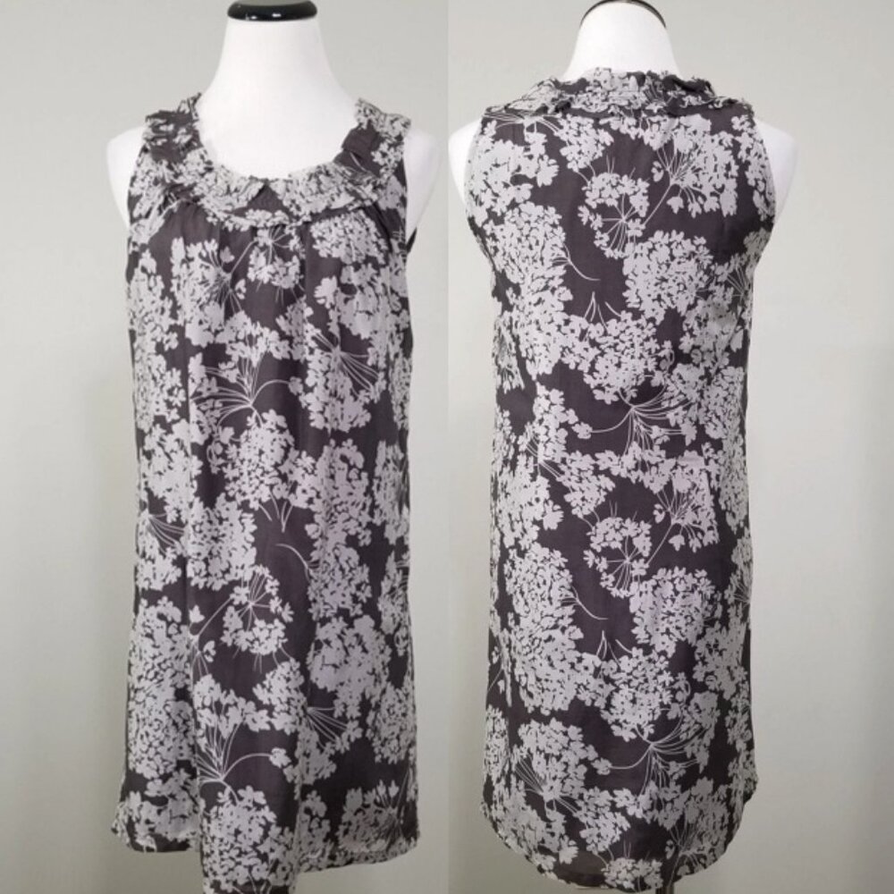 Lilla P Floral Cotton Silk Ruffle Neck Sleeveless Shift Dress Small Quiet Luxury